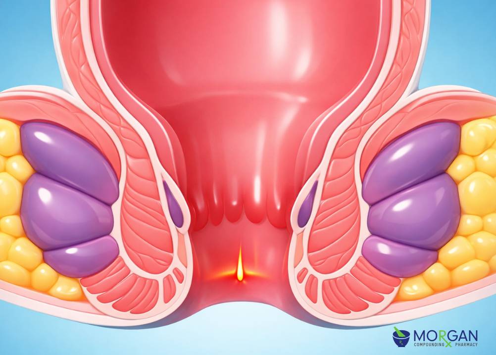 Medical illustration showing an anal fissure tear in the anal canal.