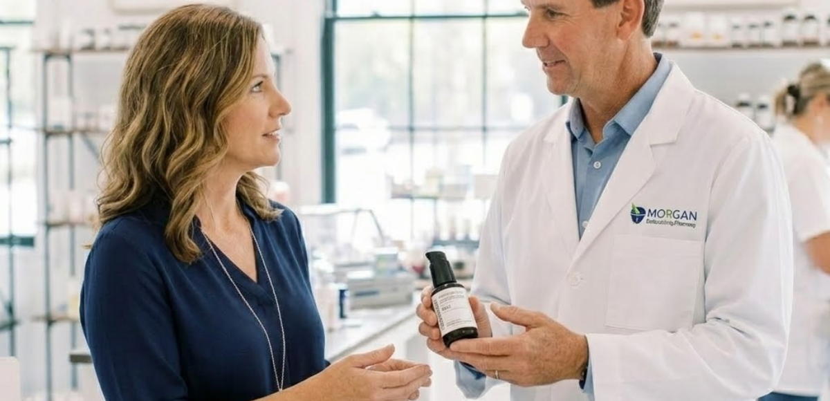 Peptide supplements, skincare, and wellness products available at Morgan Compounding Pharmacy in Alpharetta, Georgia